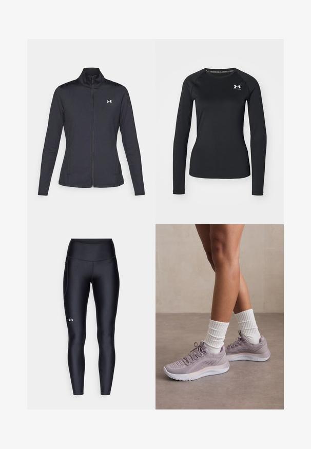 Schwarze Sportjacke aus glattem, dehnbarem Stoff mit hohem Kragen und durchgehendem Reißverschluss, ausgestattet mit einem kleinen weißen Logo auf der oberen linken Seite.; Schwarzes langärmliges Sportshirt aus glattem Material, mit Rundhalsausschnitt und einem kleinen weißen Logo auf der linken Brust.; Schwarze Leggings aus glattem, elastischem Material mit einem hohen Bund. Mit einem weißen Logo auf dem linken Oberschenkel und tailliertem Design.; Helllila Sport Schuhe mit einem strukturierten Strick-Obermaterial, akzentuiert durch eine weiße Zwischensohle und passende weiße gerippte Socken.