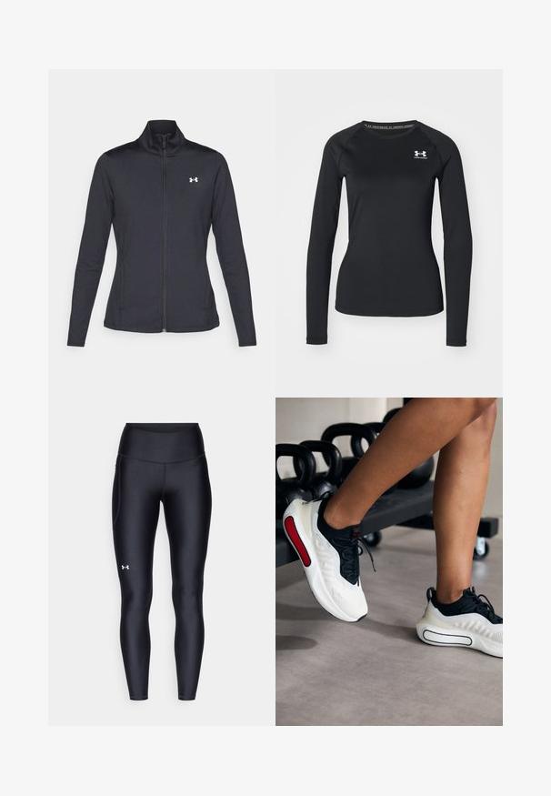 Black athletic jacket made of smooth, stretchy fabric with a high collar and full zipper, featuring a small white logo on the upper left side.; Black long-sleeve athletic shirt made of smooth fabric, featuring a round neckline and a small white logo on the left chest.; Black leggings made of smooth, stretchy material with a high waistband. Features a white logo on the left thigh and fitted design.; White and black athletic shoes with a textured upper, round toe, black laces, and a red accent on the side, positioned near kettlebells.
