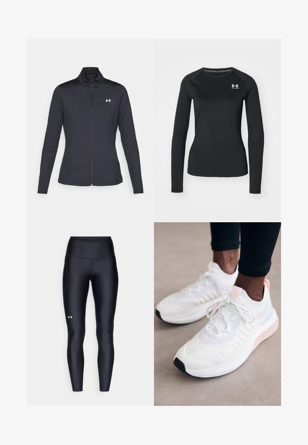 Black athletic jacket made of smooth, stretchy fabric with a high collar and full zipper, featuring a small white logo on the upper left side.; Black long-sleeve athletic shirt made of smooth fabric, featuring a round neckline and a small white logo on the left chest.; Black leggings made of smooth, stretchy material with a high waistband. Features a white logo on the left thigh and fitted design.; Under Armour PHANTOM 4 - Trainers - white