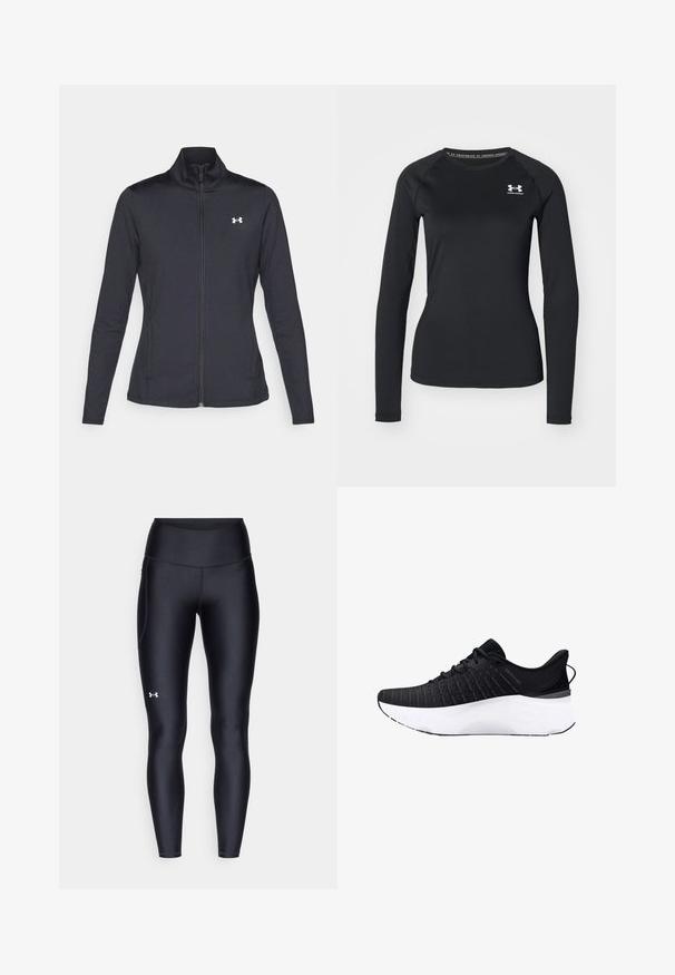 Veste de sport noire en tissu lisse et extensible avec un col montant et une fermeture éclair intégrale, arborant un petit logo blanc sur le côté supérieur gauche.; T-shirt de sport noir à manches longues en tissu lisse, avec un col rond et un petit logo blanc sur la poitrine gauche.; Leggings noirs en matière lisse et extensible avec une taille haute. Présentent un logo blanc sur la cuisse gauche et un design ajusté.; Chaussure de sport noire avec une tige en tricot texturé, semelle intercalaire blanche et semelle extérieure noire. Dispose d'un col rembourré et de lacets pour un ajustement sécurisé.