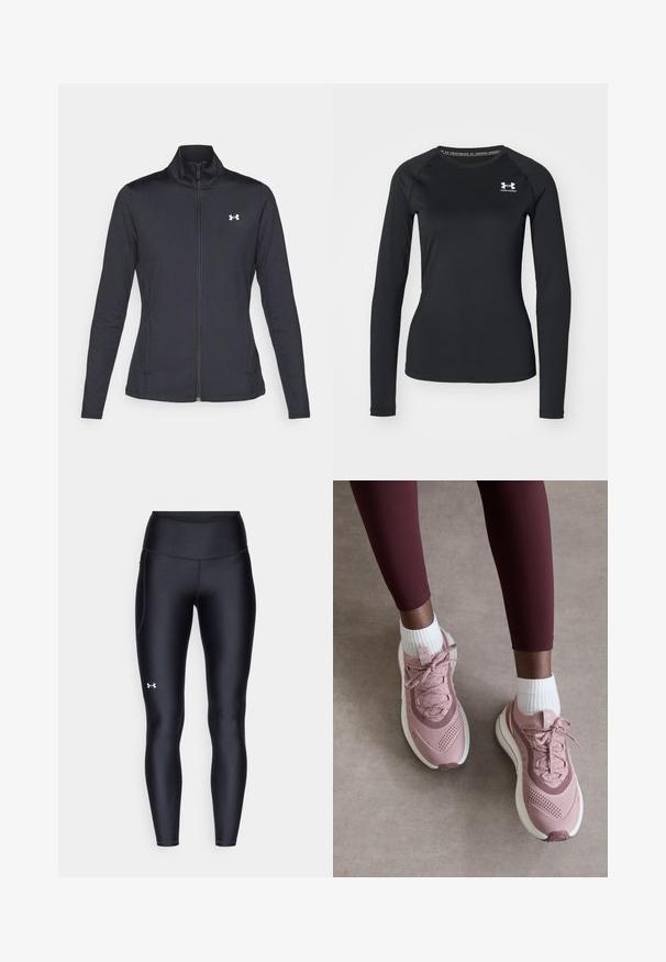 Black athletic jacket made of smooth, stretchy fabric with a high collar and full zipper, featuring a small white logo on the upper left side.; Black long-sleeve athletic shirt made of smooth fabric, featuring a round neckline and a small white logo on the left chest.; Black leggings made of smooth, stretchy material with a high waistband. Features a white logo on the left thigh and fitted design.; Light pink athletic shoes with textured mesh upper, lace closure, and white sole. Worn with white crew socks, paired with burgundy leggings.