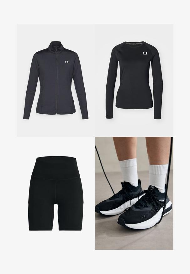 Zwarte sportjack gemaakt van glad, rekbaar materiaal met een hoge kraag en een volledige ritssluiting, met een klein wit logo op de bovenste linkerkant.; Zwart sportshirt met lange mouwen, gemaakt van een gladde stof, met een ronde halslijn en een klein wit logo op de linkerborst.; Zwarte high-waisted fietsbroekjes gemaakt van rekbaar materiaal. Het heeft een gladde textuur en versterkte stiksels langs de naden.; Zwarte sportschoenen van gestructureerde stof, met een witte zool en zwarte veters. Draag ze met witte geribde sokken, staand op een lichte ondergrond.