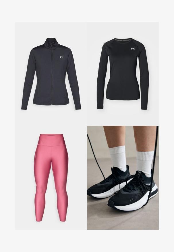 Svart treningsjakke laget av glatt, elastisk stoff med høy krage og hel glidelås, med en liten hvit logo på øvre venstre side.; Svart langermet treningsskjorte laget av glatt stoff, med rund hals og en liten hvit logo på venstre bryst.; Rosa høytlivs leggings laget av et glatt, elastisk materiale, med flate sømmer og en liten logo på underbena.; Svarte treningssko med teksturert stoff, hvit såle og svarte snøringer. Brukt med hvite ribbestrikkede sokker, stående på en lys overflate.