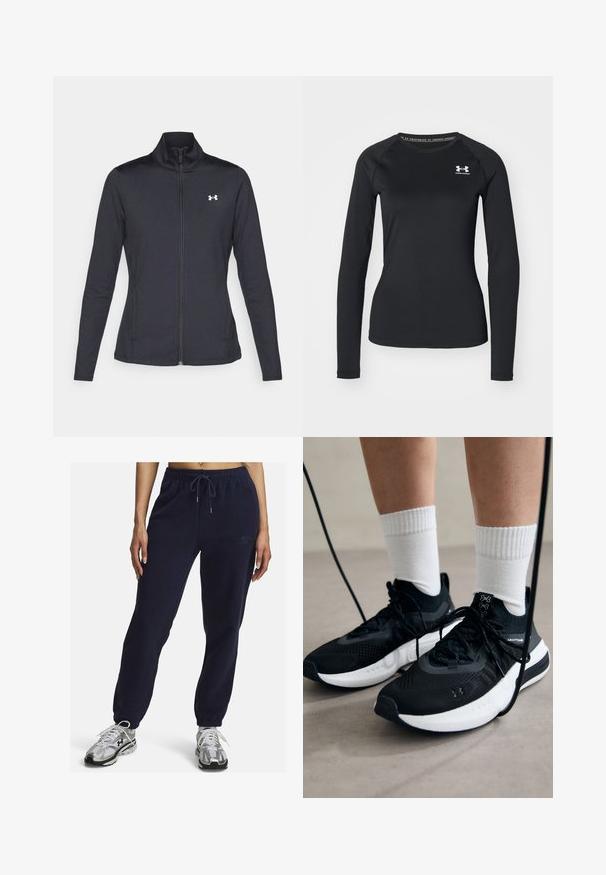 Juodas sportinis švarkas, pagamintas iš lygios, elastingos medžiagos, su aukštu apykakle ir pilnu užtrauktuku, su maža balta logo kairiajame viršutiniame kampe.; Juoda ilgarankovė sportinė marškinėlė, pagaminta iš lygaus audinio, su apvaliu kaklu ir maža balta logotipu kairėje krūtinės pusėje.; Tamsiai mėlynos fleecinės kelnės su elastinga juostos dalimi, raišteliu ir užrišamais kulkšniais. Pusėje yra subtilus išsiuvinėtas logotipas.; Juodi sportiniai batai su tekstūruotu audiniu, balta padu ir juodais raiščiais. Dėvimi su baltais raištiniais kojiniais, stovint lengvame paviršiuje.