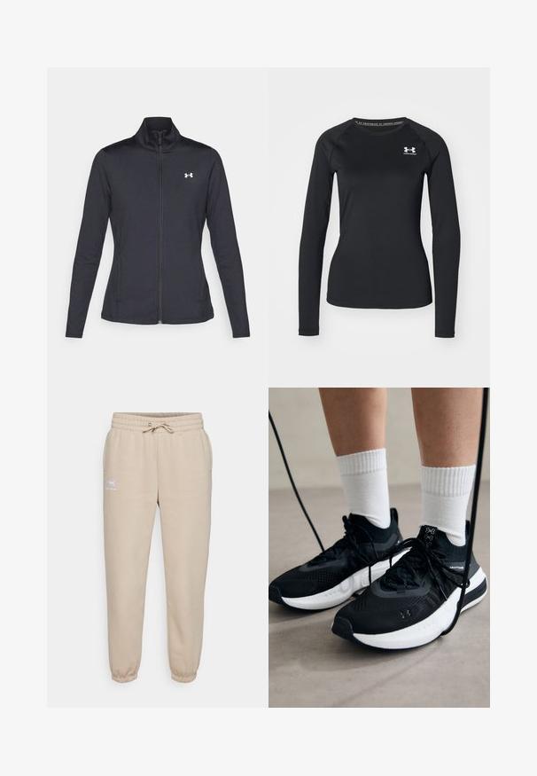 Svart idrottsjacka i slät, elastisk tyg med hög krage och hel dragkedja, med en liten vit logotyp på övre vänstra sidan.; Svart långärmad träningströja i glatt material, med rund halsringning och en liten vit logotyp på vänster bröst.; Beiga sweatpants i mjukt material, med resår i midjan och dragsko, ribbade muddar och en liten logo på vänster lår.; Svarta sportskor med texturerat tyg, vit sula och svarta snören. Bärs med vita reglerade strumpor, stående på en ljus yta.
