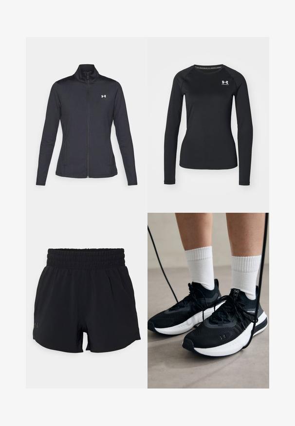 Black athletic jacket made of smooth, stretchy fabric with a high collar and full zipper, featuring a small white logo on the upper left side.; Black long-sleeve athletic shirt made of smooth fabric, featuring a round neckline and a small white logo on the left chest.; Black athletic shorts with an elastic waistband, made of lightweight fabric, featuring side pockets and a small logo on the left side.; Black athletic shoes with textured fabric, white sole, and black laces. Worn with white ribbed socks, standing on a light surface.