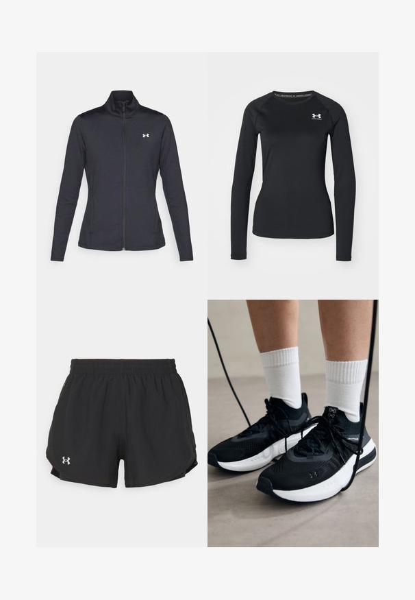 Zwarte sportjack gemaakt van glad, rekbaar materiaal met een hoge kraag en een volledige ritssluiting, met een klein wit logo op de bovenste linkerkant.; Zwart sportshirt met lange mouwen, gemaakt van een gladde stof, met een ronde halslijn en een klein wit logo op de linkerborst.; Zwarte sportshorts met een elastische tailleband, zijzakken en een klein zilveren logo aan de linkerkant. Glad textuur en lichtgewicht ontwerp.; Zwarte sportschoenen van gestructureerde stof, met een witte zool en zwarte veters. Draag ze met witte geribde sokken, staand op een lichte ondergrond.