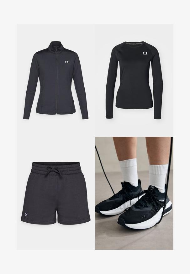 Čierna športová bunda vyrobená z hladkého, elastického materiálu s vysokým golierom a plným zipsom, s malým bielym logom na hornej ľavej strane.; Čierne športové tričko s dlhým rukávom z hladkej látky, so zaobleným výstrihom a malým bielym logom na ľavej hrudi.; Čierne bavlnené šortky s elastickým pásom a šnúrkou. Obsahujú bočné vrecká a malé logo na ľavej nohe.; Čierne športové topánky s textúrovanou tkaninou, bielou podrážkou a čiernymi šnúrkami. Nosené s bielymi rebrovanými ponožkami, postavené na svetlom povrchu.
