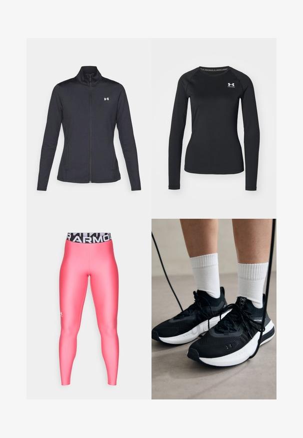 Črna atletska jakna iz gladkega, raztegljivega blaga z visokim ovratnikom in polnim zadrgo, ki ima majhen bel logotip na zgornji levi strani.; Črna dolga športna majica s splošno teksturo, ki ima okroglo izrezovanje in majhen bel znak na levem prsnem delu.; Under Armour HEATGEAR - Pajkice - super pink/white; Črne športne čevlje z strukturirano tkanino, belo podplatom in črnimi vezalkami. Nosi se z belimi rebrastimi nogavicami, stoje na svetli površini.