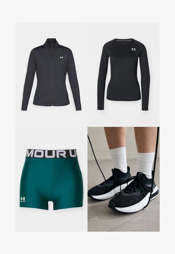 Mustmust mustrits mustritud jahk, valmistatud sujuvast, venivast kangast, kõrge kraega ja täispika tõmbluku ning väikese valge logoga vasakul üleval poole.; Must lâuhi keskmise käisteta sportlik särk, mis on valmistatud siledast kangast, ümmarguse kaelusega ning väikese valge logoga vasakul rinnal.; Under Armour HEATGEAR SHORTY - Retuusid - hydro teal/white; Mustad mustad jalanõud tekstuuritud kangast, valge tallaga ja mustade paeltega. Kanna valgete soonikkudega sokkide sisse, seistes helesinisel pinnal.