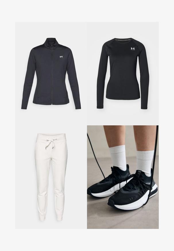Zwarte sportjack gemaakt van glad, rekbaar materiaal met een hoge kraag en een volledige ritssluiting, met een klein wit logo op de bovenste linkerkant.; Zwart sportshirt met lange mouwen, gemaakt van een gladde stof, met een ronde halslijn en een klein wit logo op de linkerborst.; Witte sweatpants van zachte stof, met een trekkoord in de taille, elastische boorden en twee zijzakken voor praktische doeleinden.; Zwarte sportschoenen van gestructureerde stof, met een witte zool en zwarte veters. Draag ze met witte geribde sokken, staand op een lichte ondergrond.