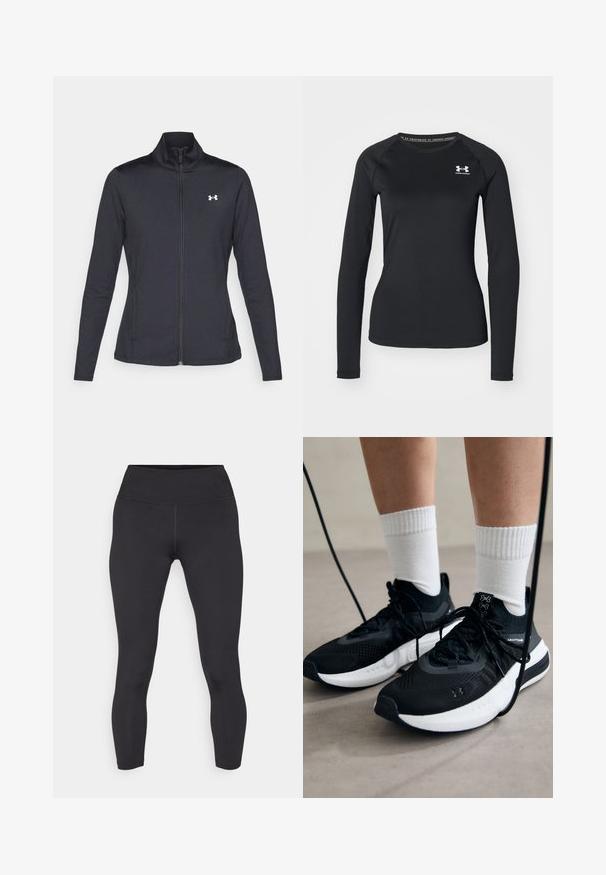Fekete sportos dzseki sima, rugalmas anyagból, magas gallérral és teljes cipzárral, az elülső bal oldalon egy kis fehér logóval.; Fekete, hosszú ujjú sportpóló sima anyagból, kerek nyakkivágással és egy kis fehér logóval a bal mellrészen.; Fekete leggings, magas derékkal, sima, rugalmas anyagból készült. Lapokban varrott varrással és testhezálló kialakítással rendelkezik.; Fekete sportcipők textúrált anyagból, fehér talppal és fekete fűzőkkel. Fehér bordázott zoknikkal viselve, világos felületen állva.