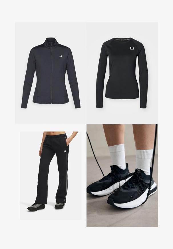 Črna atletska jakna iz gladkega, raztegljivega blaga z visokim ovratnikom in polnim zadrgo, ki ima majhen bel logotip na zgornji levi strani.; Črna dolga športna majica s splošno teksturo, ki ima okroglo izrezovanje in majhen bel znak na levem prsnem delu.; Črne športne hlače z elastičnim pasom, belimi stranskimi črtami in mehkimi materiali. Kombinirane s temnimi, vzorčastimi športnimi čevlji.; Črne športne čevlje z strukturirano tkanino, belo podplatom in črnimi vezalkami. Nosi se z belimi rebrastimi nogavicami, stoje na svetli površini.