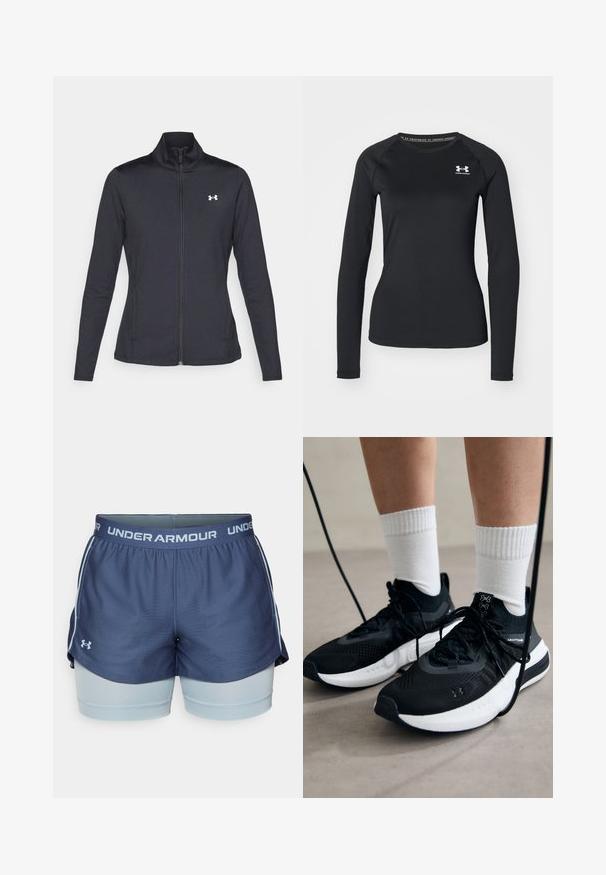 Casaco atlético preto feito de um tecido liso e elástico, com gola alta e zíper completo, apresentando um pequeno logótipo branco no canto superior esquerdo.; Camisola atlética de manga longa preta, feita de tecido suave, com decote redondo e um pequeno logótipo branco no lado esquerdo do peito.; Calções de marinha com calções interiores azul claro. Dispõe de um cós elástico com a marca "Under Armour" e uma abertura lateral para mobilidade. Textura suave.; Sapatilhas desportivas pretas com tecido texturizado, sola branca e atacadores pretos. Usadas com meias brancas caneladas, a pé sobre uma superfície clara.
