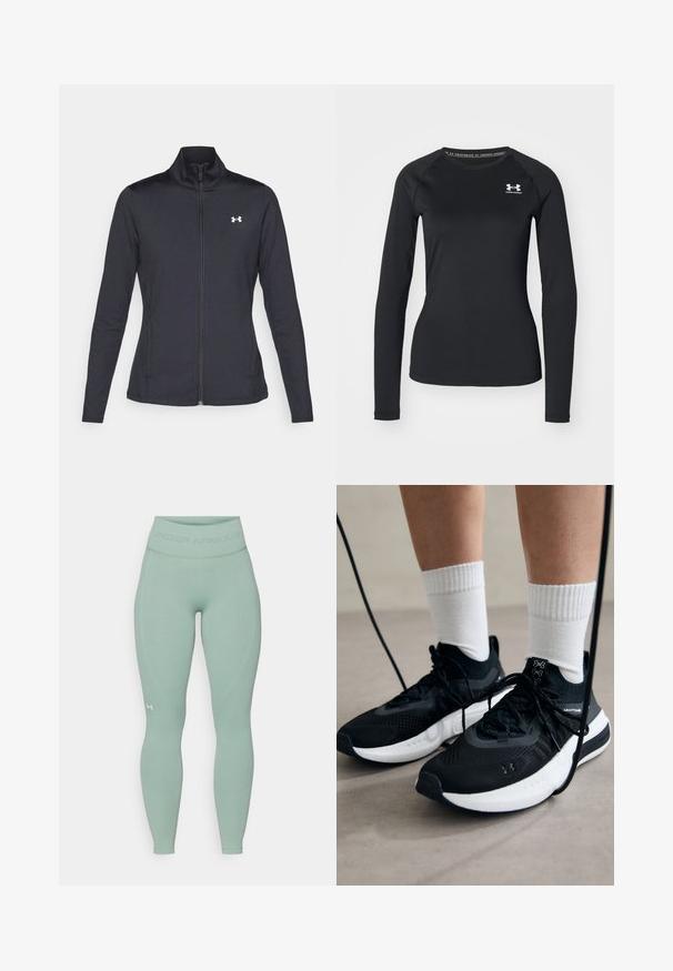 Črna atletska jakna iz gladkega, raztegljivega blaga z visokim ovratnikom in polnim zadrgo, ki ima majhen bel logotip na zgornji levi strani.; Črna dolga športna majica s splošno teksturo, ki ima okroglo izrezovanje in majhen bel znak na levem prsnem delu.; Svijetlozelene tajice s uskim dizajnom. Imaju širok, teksturiran pojas i suptilan Under Armour logo na donjem dijelu noge.; Črne športne čevlje z strukturirano tkanino, belo podplatom in črnimi vezalkami. Nosi se z belimi rebrastimi nogavicami, stoje na svetli površini.