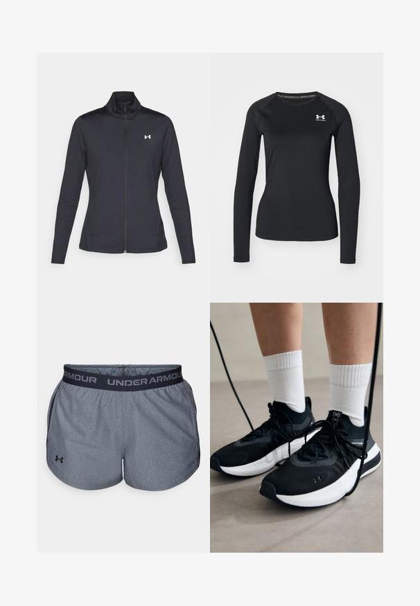 Chaqueta deportiva negra hecha de una tela suave y elástica, con cuello alto y cremallera completa, que presenta un pequeño logo blanco en la parte superior izquierda.; Camisa atlética de manga larga negra hecha de una tela suave, con un escote redondo y un pequeño logotipo blanco en el lado izquierdo del pecho.; Pantalones cortos deportivos grises con una cinturilla elástica negra que presenta el logo "UNDER ARMOUR". Hechos de una tela texturizada con un acabado suave.; Zapatillas deportivas negras con tela texturizada, suela blanca y cordones negros. Llevadas con calcetines blancos de canalé, de pie sobre una superficie clara.