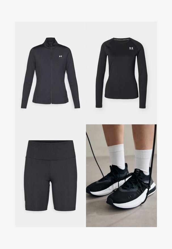 Black athletic jacket made of smooth, stretchy fabric with a high collar and full zipper, featuring a small white logo on the upper left side.; Black long-sleeve athletic shirt made of smooth fabric, featuring a round neckline and a small white logo on the left chest.; Black athletic shorts made of stretchy fabric, featuring a high waistband and flatlock stitching details. Designed for comfort and mobility.; Black athletic shoes with textured fabric, white sole, and black laces. Worn with white ribbed socks, standing on a light surface.