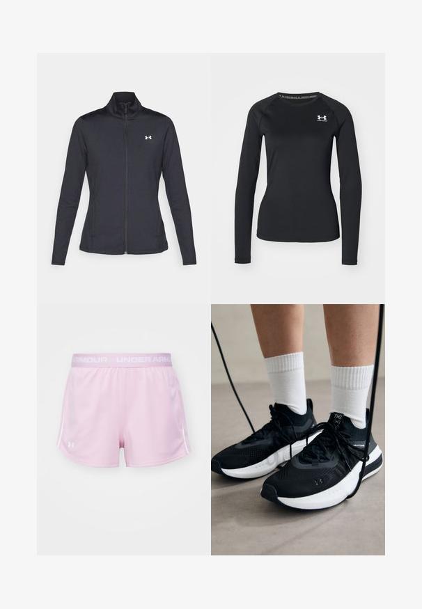 Casaco atlético preto feito de um tecido liso e elástico, com gola alta e zíper completo, apresentando um pequeno logótipo branco no canto superior esquerdo.; Camisola atlética de manga longa preta, feita de tecido suave, com decote redondo e um pequeno logótipo branco no lado esquerdo do peito.; Calções atléticos rosa claro com um cós elástico, apresentando um logo branco no lado esquerdo e riscas laterais brancas em contraste.; Sapatilhas desportivas pretas com tecido texturizado, sola branca e atacadores pretos. Usadas com meias brancas caneladas, a pé sobre uma superfície clara.