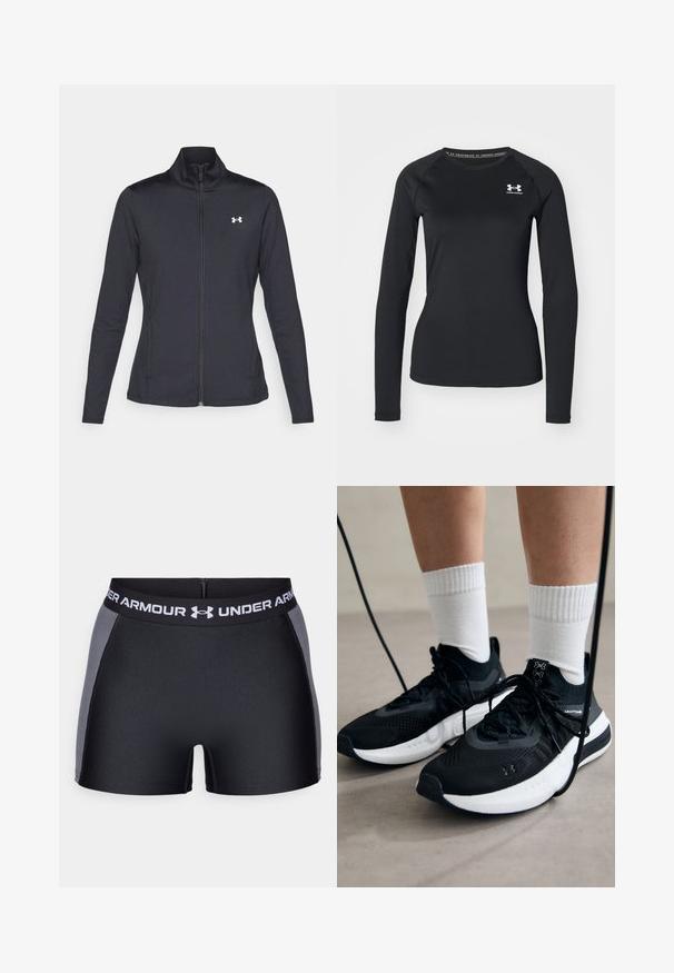 Fekete sportos dzseki sima, rugalmas anyagból, magas gallérral és teljes cipzárral, az elülső bal oldalon egy kis fehér logóval.; Fekete, hosszú ujjú sportpóló sima anyagból, kerek nyakkivágással és egy kis fehér logóval a bal mellrészen.; Fekete sportnadrág széles fekete derekú részen "UNDER ARMOUR" felirattal fehér színben. Sima textúra, szürke oldalsó panelek és testhezálló kialakítás jellemzi.; Fekete sportcipők textúrált anyagból, fehér talppal és fekete fűzőkkel. Fehér bordázott zoknikkal viselve, világos felületen állva.