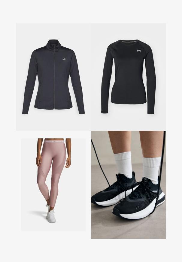 Black athletic jacket made of smooth, stretchy fabric with a high collar and full zipper, featuring a small white logo on the upper left side.; Black long-sleeve athletic shirt made of smooth fabric, featuring a round neckline and a small white logo on the left chest.; Light pink athletic leggings made of stretch fabric. Features a high waistband with white branding and textured panels on the sides.; Black athletic shoes with textured fabric, white sole, and black laces. Worn with white ribbed socks, standing on a light surface.