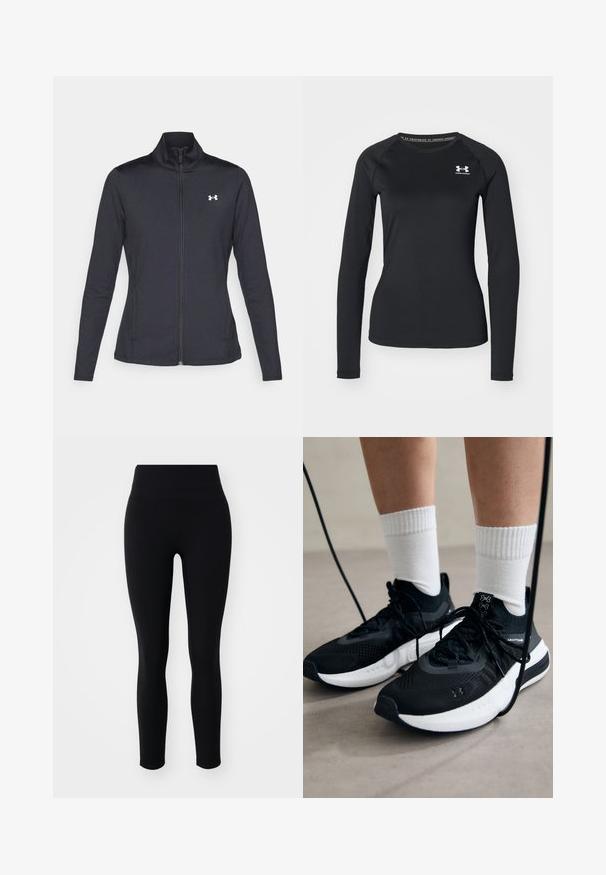 Crna atletska jakna napravljena od glatkog, rastezljivog materijala s visokim kragnom i punim patentnim zatvaračem, s malim bijelim logotipom na gornjoj lijevoj strani.; Crna termo majica dugih rukava od glatkog materijala, s okruglim izrezom i malim bijelim logotipom na lijevoj strani prsnog koša.; Crne tajice izrađene od rastezljivog materijala, s visokim strukom i glatkom teksturom, dizajnirane za udobnost i fleksibilnost.; Crne atletske cipele s teksturiranim materijalom, bijelim potplatima i crnim vezicama. Nosene s bijelim rebrastim čarapama, stojeći na svijetloj površini.