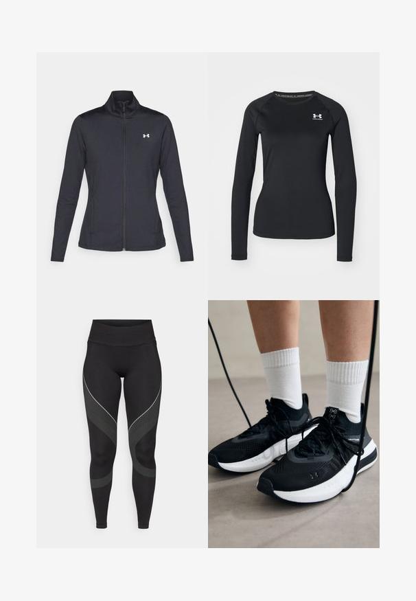 Juodas sportinis švarkas, pagamintas iš lygios, elastingos medžiagos, su aukštu apykakle ir pilnu užtrauktuku, su maža balta logo kairiajame viršutiniame kampe.; Juoda ilgarankovė sportinė marškinėlė, pagaminta iš lygaus audinio, su apvaliu kaklu ir maža balta logotipu kairėje krūtinės pusėje.; Juodos legginsai su aukštu liemeniu, su banguotu pilku ir taškuotu raštu šoninėse dalyse. Pagaminti iš tamprios medžiagos, užtikrinančios komfortą.; Juodi sportiniai batai su tekstūruotu audiniu, balta padu ir juodais raiščiais. Dėvimi su baltais raištiniais kojiniais, stovint lengvame paviršiuje.