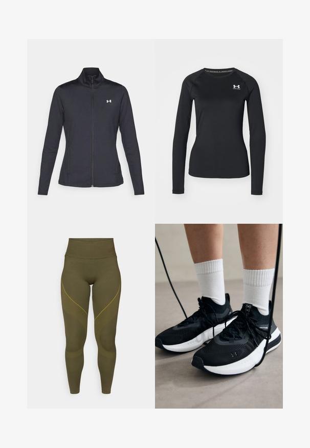 Črna atletska jakna iz gladkega, raztegljivega blaga z visokim ovratnikom in polnim zadrgo, ki ima majhen bel logotip na zgornji levi strani.; Črna dolga športna majica s splošno teksturo, ki ima okroglo izrezovanje in majhen bel znak na levem prsnem delu.; Olivno zeleni leggingi z visokim pasom, ki imajo teksturirane rumene akcentne in elegantne kurbe vzorčne ob strani.; Črne športne čevlje z strukturirano tkanino, belo podplatom in črnimi vezalkami. Nosi se z belimi rebrastimi nogavicami, stoje na svetli površini.