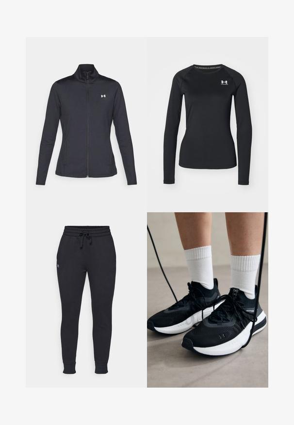 Czarna sportowa kurtka z gładkiego, elastycznego materiału, z wysokim kołnierzem i pełnym zamkiem, z małym białym logo na górnej lewej stronie.; Czarna, długosleeve'owa koszulka sportowa z gładkiego materiału, z okrągłym dekoltem i małym białym logo na lewej piersi.; Czarne dresy z elastycznym paskiem w talii, regulowanym sznurkiem, prążkowanymi mankietami oraz małym logo na lewej nogawce. Wykonane z miękkiego materiału z bawełny.; Czarne buty sportowe z teksturowanym materiałem, białą podeszwą i czarnymi sznurowadłami. Nosi je osoba w białych skarpetkach w prążki, stojąca na jasnej powierzchni.