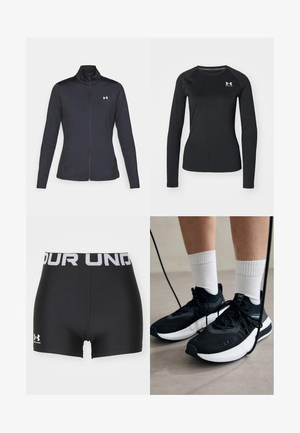 Veste de sport noire en tissu lisse et extensible avec un col montant et une fermeture éclair intégrale, arborant un petit logo blanc sur le côté supérieur gauche.; T-shirt de sport noir à manches longues en tissu lisse, avec un col rond et un petit logo blanc sur la poitrine gauche.; Shorts de sport noirs fabriqués en matériau lisse et élastique. Présentent une large ceinture élastique avec le texte "UNDER ARMOUR" et un logo sur l'ourlet.; Chaussures de sport noires en tissu texturé, avec une semelle blanche et des lacets noirs. Portées avec des chaussettes blanches côtelées, debout sur une surface claire.