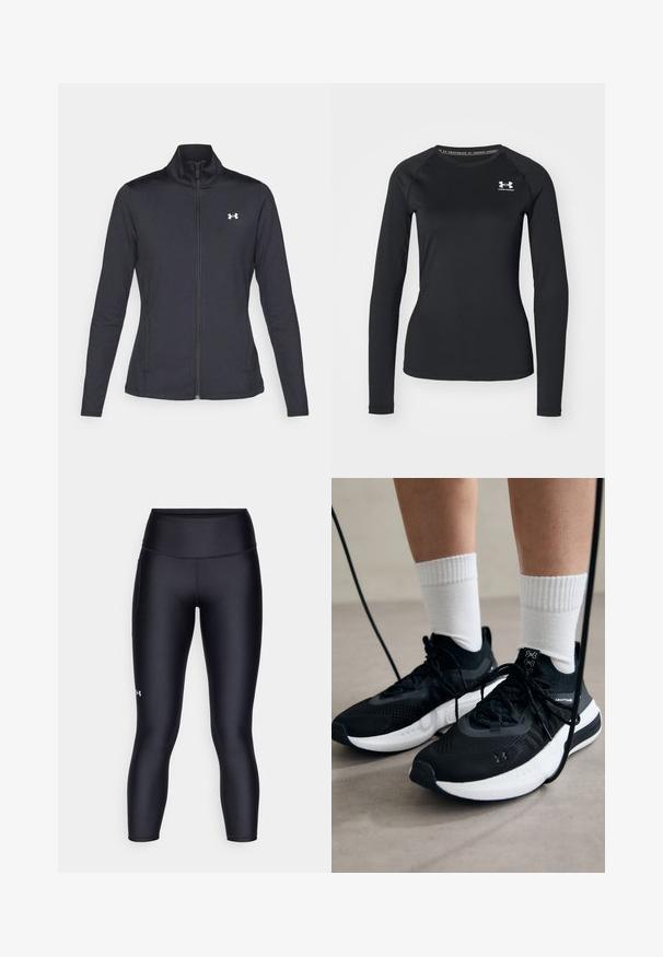 Fekete sportos dzseki sima, rugalmas anyagból, magas gallérral és teljes cipzárral, az elülső bal oldalon egy kis fehér logóval.; Fekete, hosszú ujjú sportpóló sima anyagból, kerek nyakkivágással és egy kis fehér logóval a bal mellrészen.; Fekete leggings sima, rugalmas anyagból. Magas derékú dizájn, szoros illeszkedéssel és egy kis logóval a bal lábon.; Fekete sportcipők textúrált anyagból, fehér talppal és fekete fűzőkkel. Fehér bordázott zoknikkal viselve, világos felületen állva.