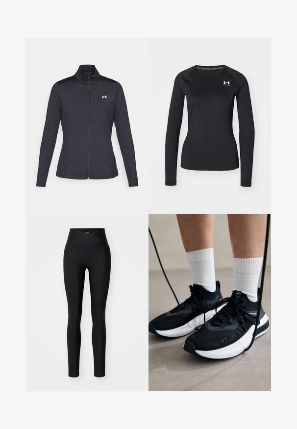 Sort atletisk jakke lavet af glat, strækbart stof med høj krave og fuld lynlås, der har et lille hvidt logo på den øverste venstre side.; Sort langærmet atletisk skjorte lavet af glat stof, med rund halsudskæring og et lille hvidt logo på venstre bryst.; Sorte leggings lavet af strækbart stof, med en høj, krydsende talje og tætsiddende design. Glat tekstur uden synlige mønstre eller detaljer.; Sorte sportssko med tekstureret stof, hvid sål og sorte snørebånd. Båret med hvide ribbede sokker, stående på en lys overflade.