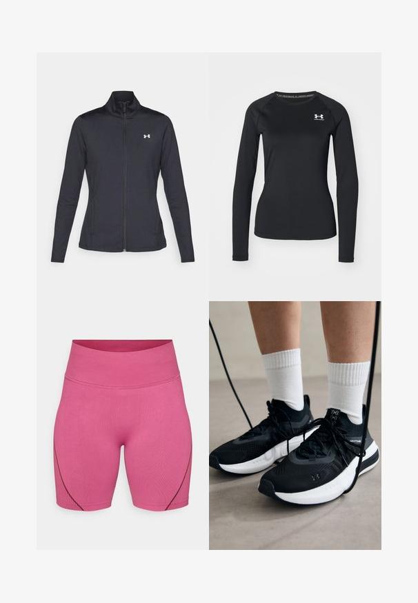 Black athletic jacket made of smooth, stretchy fabric with a high collar and full zipper, featuring a small white logo on the upper left side.; Black long-sleeve athletic shirt made of smooth fabric, featuring a round neckline and a small white logo on the left chest.; Pink athletic shorts made from stretch fabric, featuring a high waistband and subtle ribbed texture, with contrasting dark seams on the sides.; Black athletic shoes with textured fabric, white sole, and black laces. Worn with white ribbed socks, standing on a light surface.