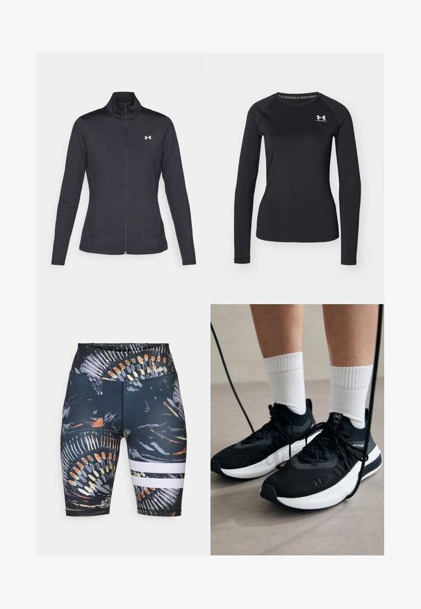 Črna atletska jakna iz gladkega, raztegljivega blaga z visokim ovratnikom in polnim zadrgo, ki ima majhen bel logotip na zgornji levi strani.; Črna dolga športna majica s splošno teksturo, ki ima okroglo izrezovanje in majhen bel znak na levem prsnem delu.; Črne atletske kratke hlače z barvnim abstraktnim vzorcem. Vključujeta dve beli vodoravni črti blizu roba. Narejene so iz raztegljivega materiala.; Črne športne čevlje z strukturirano tkanino, belo podplatom in črnimi vezalkami. Nosi se z belimi rebrastimi nogavicami, stoje na svetli površini.