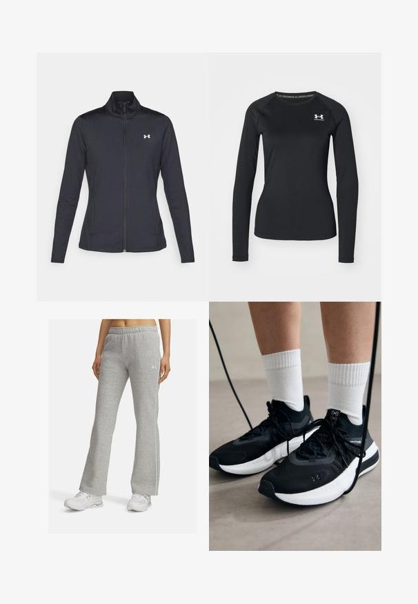 Black athletic jacket made of smooth, stretchy fabric with a high collar and full zipper, featuring a small white logo on the upper left side.; Black long-sleeve athletic shirt made of smooth fabric, featuring a round neckline and a small white logo on the left chest.; Gray sweatpants made of soft fabric, featuring a loose fit, elastic waistband, and white side stripes. Paired with white athletic shoes.; Black athletic shoes with textured fabric, white sole, and black laces. Worn with white ribbed socks, standing on a light surface.