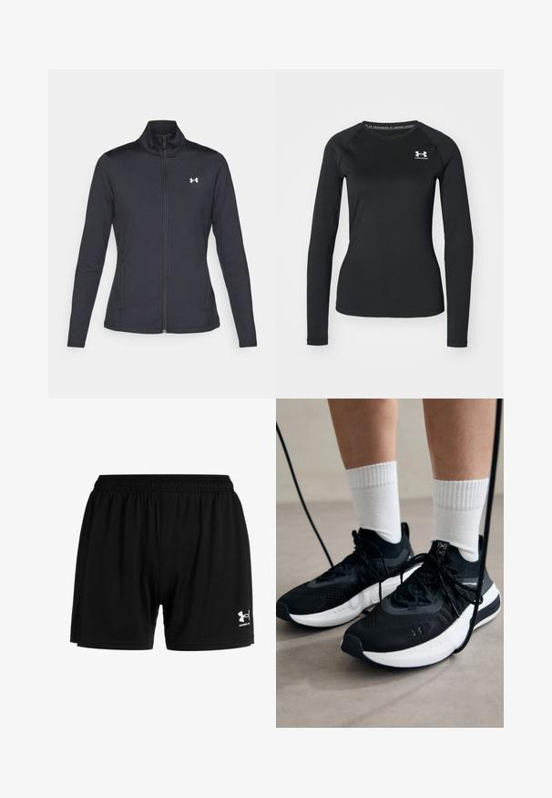 Svart idrottsjacka i slät, elastisk tyg med hög krage och hel dragkedja, med en liten vit logotyp på övre vänstra sidan.; Svart långärmad träningströja i glatt material, med rund halsringning och en liten vit logotyp på vänster bröst.; Svarta atletiska shorts i lättviktigt tyg, med elastisk midja och en liten vit Under Armour-logotyp på nedre vänstra sidan.; Svarta sportskor med texturerat tyg, vit sula och svarta snören. Bärs med vita reglerade strumpor, stående på en ljus yta.