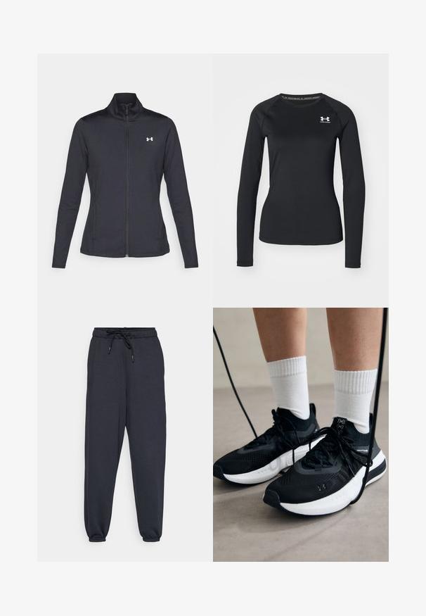 Black athletic jacket made of smooth, stretchy fabric with a high collar and full zipper, featuring a small white logo on the upper left side.; Black long-sleeve athletic shirt made of smooth fabric, featuring a round neckline and a small white logo on the left chest.; Dark gray jogger pants with an elastic waistband, drawstring, and elastic cuffs at the ankles. Soft fabric with a minimalistic design.; Black athletic shoes with textured fabric, white sole, and black laces. Worn with white ribbed socks, standing on a light surface.