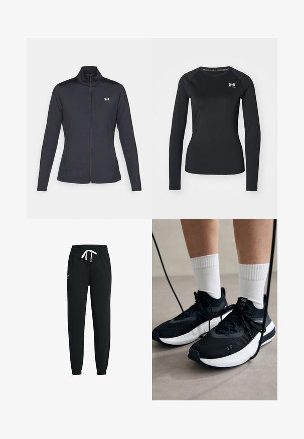 Juodas sportinis švarkas, pagamintas iš lygios, elastingos medžiagos, su aukštu apykakle ir pilnu užtrauktuku, su maža balta logo kairiajame viršutiniame kampe.; Juoda ilgarankovė sportinė marškinėlė, pagaminta iš lygaus audinio, su apvaliu kaklu ir maža balta logotipu kairėje krūtinės pusėje.; Juodos sportinės kelnės, pagamintos iš minkštos medžiagos, su elastingu liemeniu ir baltu raišteliu, kulkšnies dalis su guma, ant vienos pusės yra mažas logotipas.; Juodi sportiniai batai su tekstūruotu audiniu, balta padu ir juodais raiščiais. Dėvimi su baltais raištiniais kojiniais, stovint lengvame paviršiuje.