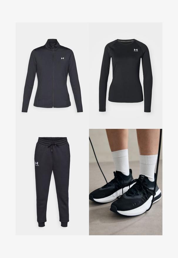 Schwarze Sportjacke aus glattem, dehnbarem Stoff mit hohem Kragen und durchgehendem Reißverschluss, ausgestattet mit einem kleinen weißen Logo auf der oberen linken Seite.; Schwarzes langärmliges Sportshirt aus glattem Material, mit Rundhalsausschnitt und einem kleinen weißen Logo auf der linken Brust.; Schwarze Jogginghosen aus weichem Material, mit einem elastischen Bund und einem Kordelzug, schmal zulaufenden Beinen und einem kleinen weißen Logo auf der linken Hüfte.; Schwarze Sportschuhe aus strukturiertem Stoff, mit weißer Sohle und schwarzen Schnürsenkeln. Tragen mit weißen gerippten Socken, stehen auf einer hellen Fläche.