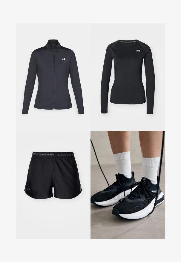 Svart idrottsjacka i slät, elastisk tyg med hög krage och hel dragkedja, med en liten vit logotyp på övre vänstra sidan.; Svart långärmad träningströja i glatt material, med rund halsringning och en liten vit logotyp på vänster bröst.; Svarta träningsshorts med ett brett elastiskt midjeband som har en grå "UNDER ARMOUR"-logotyp. Mjukt, lätt material med sidslitsar för rörelsefrihet.; Svarta sportskor med texturerat tyg, vit sula och svarta snören. Bärs med vita reglerade strumpor, stående på en ljus yta.