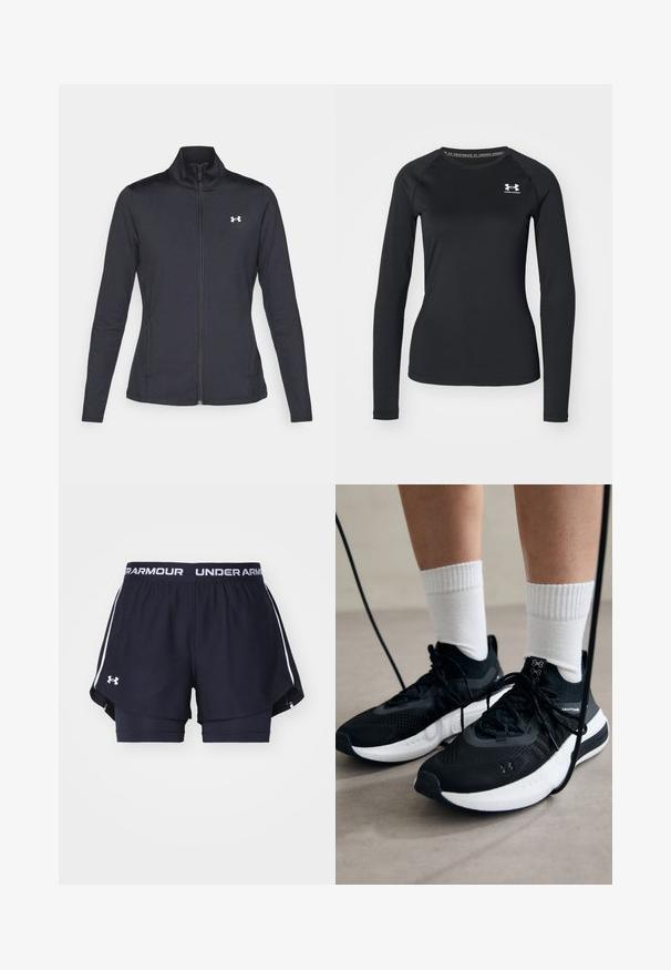 Črna atletska jakna iz gladkega, raztegljivega blaga z visokim ovratnikom in polnim zadrgo, ki ima majhen bel logotip na zgornji levi strani.; Črna dolga športna majica s splošno teksturo, ki ima okroglo izrezovanje in majhen bel znak na levem prsnem delu.; Temno modri športni šortsi z belim logotipom in pasom. Imajo večslojno zasnovo z notranjimi prilegajočimi se šortsi in lahkotnim materialom.; Črne športne čevlje z strukturirano tkanino, belo podplatom in črnimi vezalkami. Nosi se z belimi rebrastimi nogavicami, stoje na svetli površini.