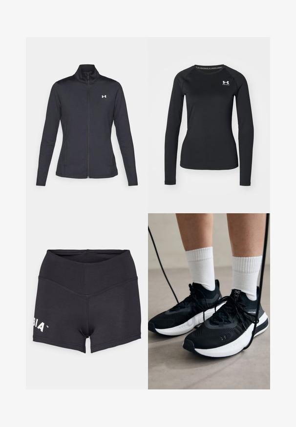 Črna atletska jakna iz gladkega, raztegljivega blaga z visokim ovratnikom in polnim zadrgo, ki ima majhen bel logotip na zgornji levi strani.; Črna dolga športna majica s splošno teksturo, ki ima okroglo izrezovanje in majhen bel znak na levem prsnem delu.; Črne atletske kratke hlače iz raztegljivega materiala, z visokim pasom in logotipom na levi strani. Gladko teksturo in prilegan design.; Črne športne čevlje z strukturirano tkanino, belo podplatom in črnimi vezalkami. Nosi se z belimi rebrastimi nogavicami, stoje na svetli površini.