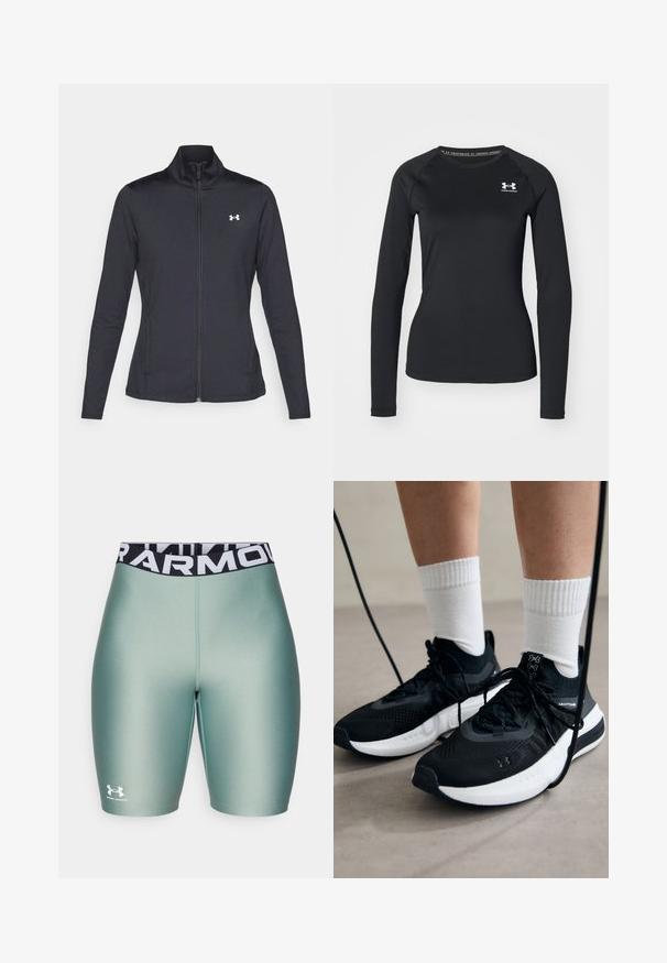 Fekete sportos dzseki sima, rugalmas anyagból, magas gallérral és teljes cipzárral, az elülső bal oldalon egy kis fehér logóval.; Fekete, hosszú ujjú sportpóló sima anyagból, kerek nyakkivágással és egy kis fehér logóval a bal mellrészen.; Világos zöld sportnadrág sima textúrával, fekete derékkal, fehér betűkkel "ARMOUR" felirattal és egy kis fehér logóval.; Fekete sportcipők textúrált anyagból, fehér talppal és fekete fűzőkkel. Fehér bordázott zoknikkal viselve, világos felületen állva.