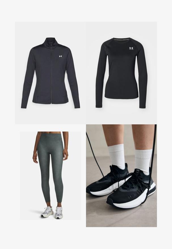 Črna atletska jakna iz gladkega, raztegljivega blaga z visokim ovratnikom in polnim zadrgo, ki ima majhen bel logotip na zgornji levi strani.; Črna dolga športna majica s splošno teksturo, ki ima okroglo izrezovanje in majhen bel znak na levem prsnem delu.; Hlače z visokim pasom v umirjeni zeleni barvi, izdelane iz gladkega, raztegljivega materiala z bočnimi šivi in prilegajočim dizajnom.; Črne športne čevlje z strukturirano tkanino, belo podplatom in črnimi vezalkami. Nosi se z belimi rebrastimi nogavicami, stoje na svetli površini.