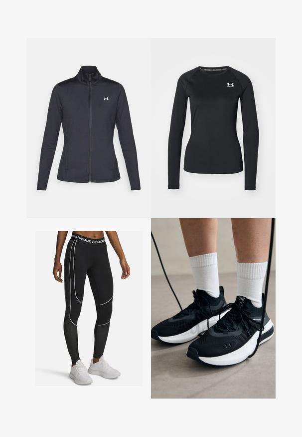 Juodas sportinis švarkas, pagamintas iš lygios, elastingos medžiagos, su aukštu apykakle ir pilnu užtrauktuku, su maža balta logo kairiajame viršutiniame kampe.; Juoda ilgarankovė sportinė marškinėlė, pagaminta iš lygaus audinio, su apvaliu kaklu ir maža balta logotipu kairėje krūtinės pusėje.; Under Armour COLDGEAR - Tamprės - black; Juodi sportiniai batai su tekstūruotu audiniu, balta padu ir juodais raiščiais. Dėvimi su baltais raištiniais kojiniais, stovint lengvame paviršiuje.