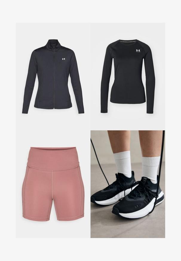 Black athletic jacket made of smooth, stretchy fabric with a high collar and full zipper, featuring a small white logo on the upper left side.; Black long-sleeve athletic shirt made of smooth fabric, featuring a round neckline and a small white logo on the left chest.; Under Armour MIDDIE SHORT - Leggings - maroon mist/dark maroon; Black athletic shoes with textured fabric, white sole, and black laces. Worn with white ribbed socks, standing on a light surface.