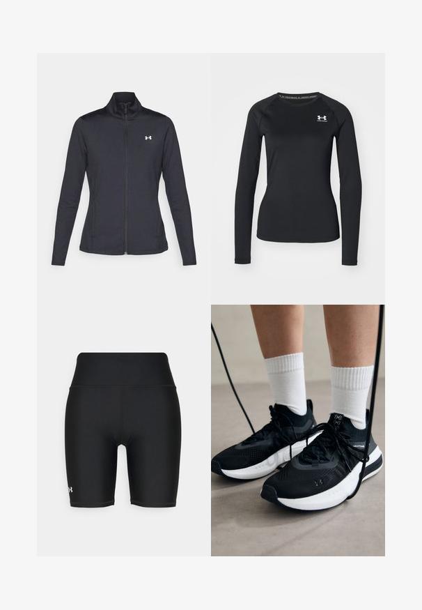 Fekete sportos dzseki sima, rugalmas anyagból, magas gallérral és teljes cipzárral, az elülső bal oldalon egy kis fehér logóval.; Fekete, hosszú ujjú sportpóló sima anyagból, kerek nyakkivágással és egy kis fehér logóval a bal mellrészen.; Fekete sportnadrág magas derékkal, rugalmas anyagból készült. Laposeműtökkel és egy kis logóval rendelkezik a bal alsó részen.; Fekete sportcipők textúrált anyagból, fehér talppal és fekete fűzőkkel. Fehér bordázott zoknikkal viselve, világos felületen állva.