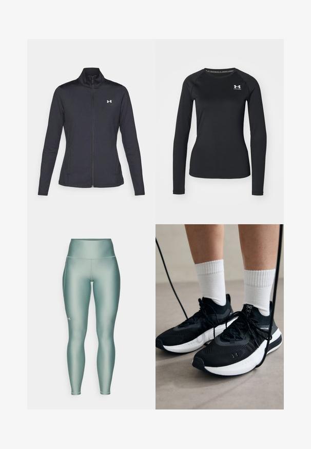 Casaco atlético preto feito de um tecido liso e elástico, com gola alta e zíper completo, apresentando um pequeno logótipo branco no canto superior esquerdo.; Camisola atlética de manga longa preta, feita de tecido suave, com decote redondo e um pequeno logótipo branco no lado esquerdo do peito.; Leggings de cintura alta, de comprimento total, numa cor verde suave. Feitas de um material liso e elástico com um leve brilho e bolsos laterais.; Sapatilhas desportivas pretas com tecido texturizado, sola branca e atacadores pretos. Usadas com meias brancas caneladas, a pé sobre uma superfície clara.