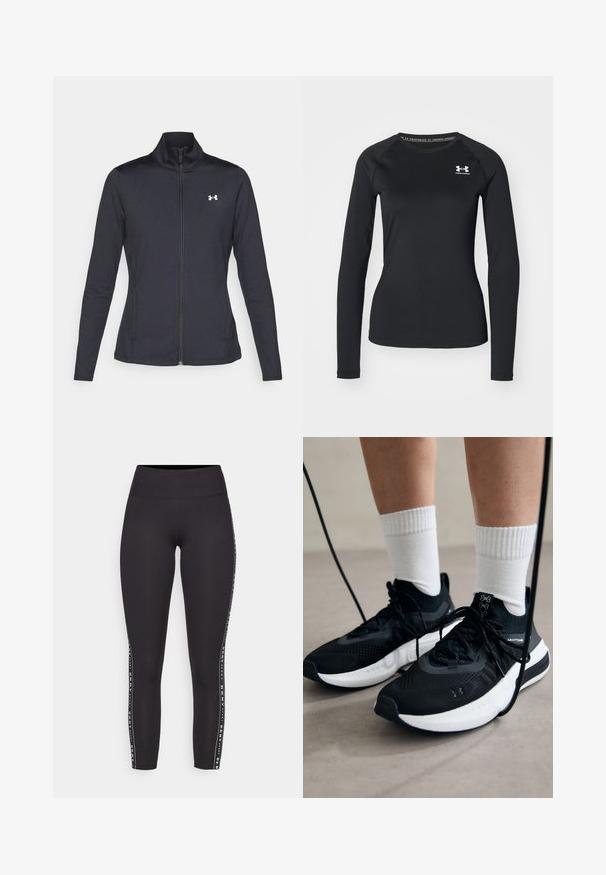 Črna atletska jakna iz gladkega, raztegljivega blaga z visokim ovratnikom in polnim zadrgo, ki ima majhen bel logotip na zgornji levi strani.; Črna dolga športna majica s splošno teksturo, ki ima okroglo izrezovanje in majhen bel znak na levem prsnem delu.; Crne atletske legging hlače z visokim pasom, ki imajo stranski trak v beli barvi z besedilom blagovne znamke. Gladek, elastičen material.; Črne športne čevlje z strukturirano tkanino, belo podplatom in črnimi vezalkami. Nosi se z belimi rebrastimi nogavicami, stoje na svetli površini.