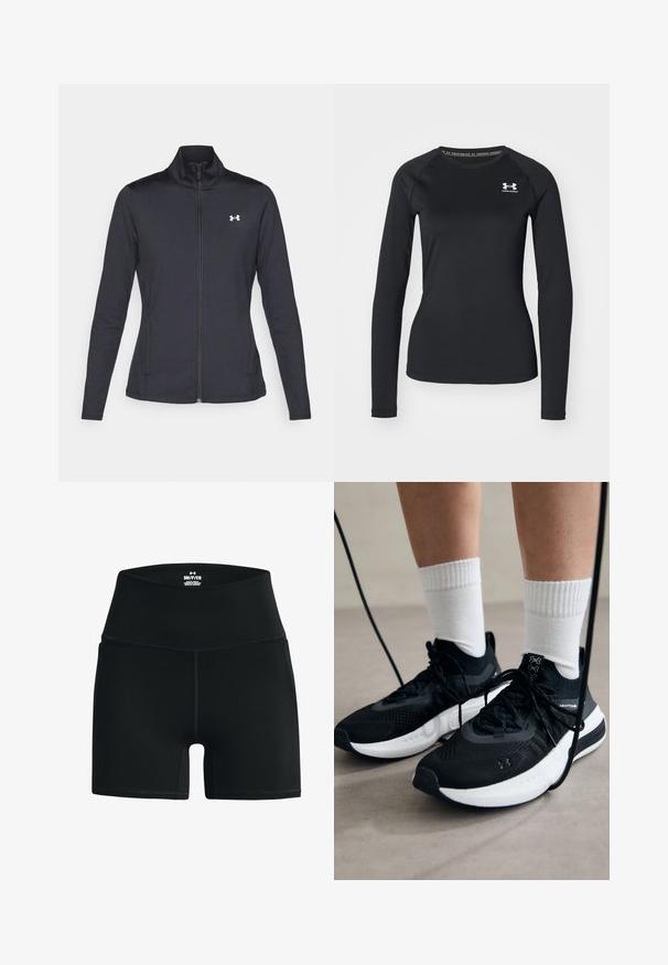 Black athletic jacket made of smooth, stretchy fabric with a high collar and full zipper, featuring a small white logo on the upper left side.; Black long-sleeve athletic shirt made of smooth fabric, featuring a round neckline and a small white logo on the left chest.; Black elastic shorts with a high waist, featuring a smooth texture and flatlock seams for comfort. Branding displayed on the waistband.; Black athletic shoes with textured fabric, white sole, and black laces. Worn with white ribbed socks, standing on a light surface.