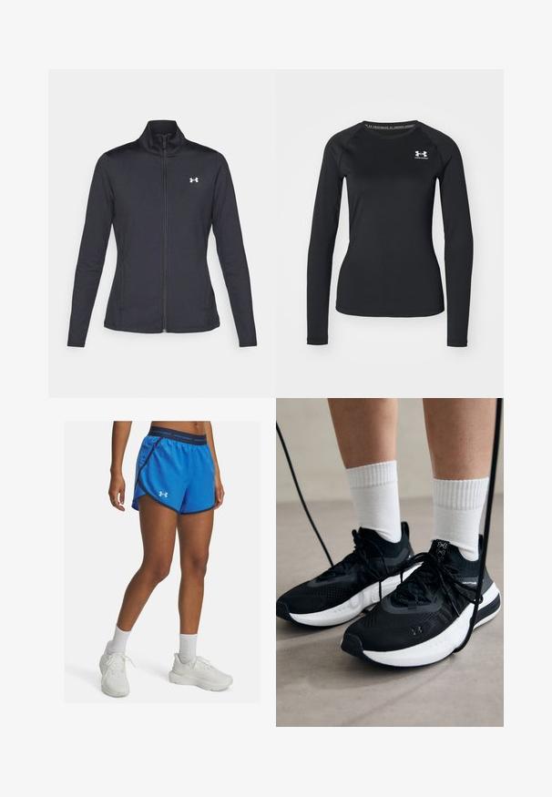 Černá sportovní bunda vyrobená z hladké a elastické textilie, s vysokým límcem a plným zipem, která má malé bílé logo na levé horní části.; Černé sportovní tričko s dlouhým rukávem vyrobené z hladkého materiálu, s kulatým výstřihem a malým bílým logem na levém prsu.; Modré atletické šortky s mřížkovou strukturou, kontrastním tmavým lemem a elastickým pasem s logem Under Armour.; Černé sportovní boty s texturovanou tkaninou, bílou podrážkou a černými tkaničkami. Nosené s bílými žebrovanými ponožkami, stojící na světlém povrchu.